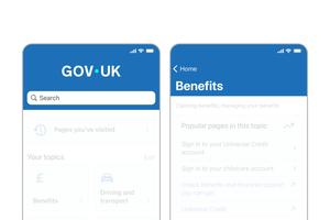 Screenshots of the GOV.UK app with the main content greyed out, showing the start page, Benefits, Pages you've visited and Settings pages.
