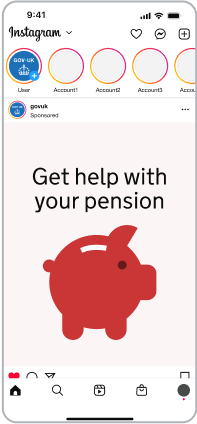 Instagram post with image saying "Get help with your pension" alongside a graphic of a circular-shaped piggy bank.